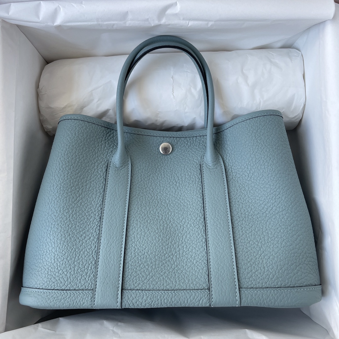 Hermes Garden Party 36cm Tote Handbag In Sky Blue Clemence Leather